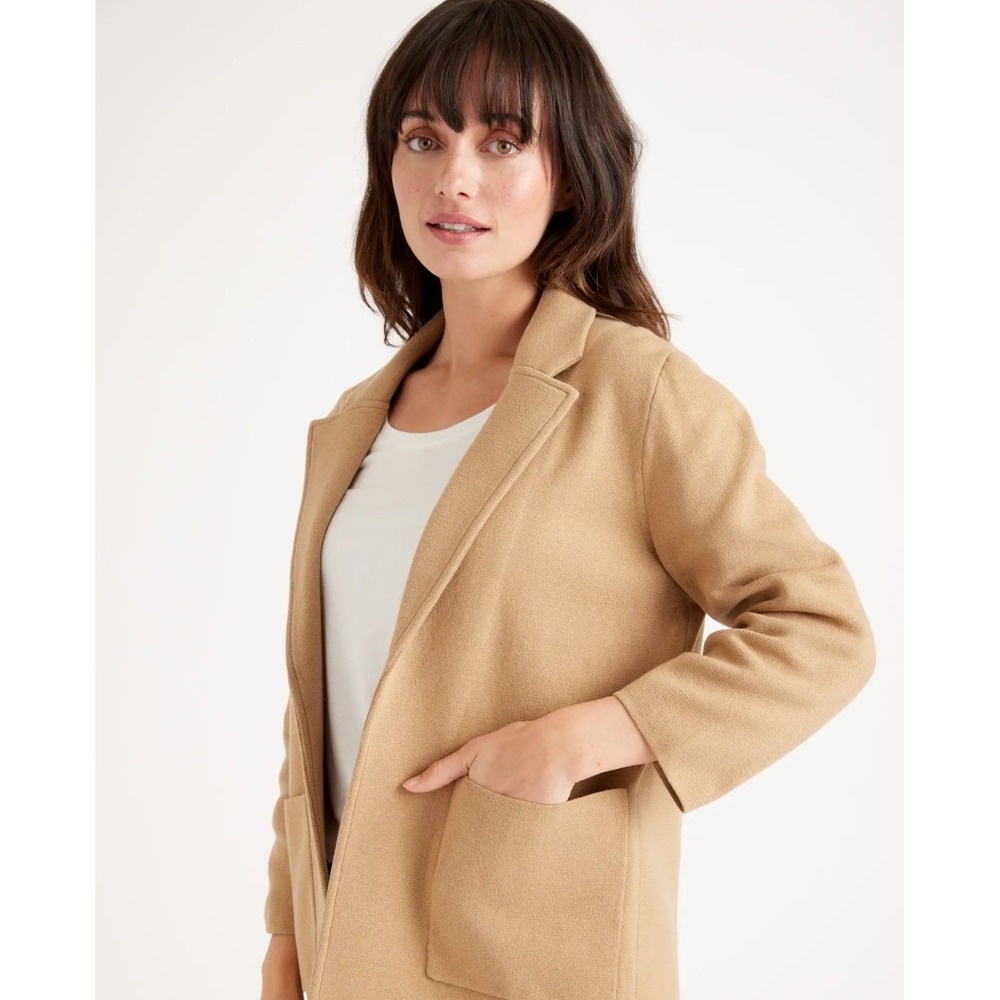 Quince Women M Organic Cotton Knit Relaxed Blazer Jacket Camel Tan Quiet Lux